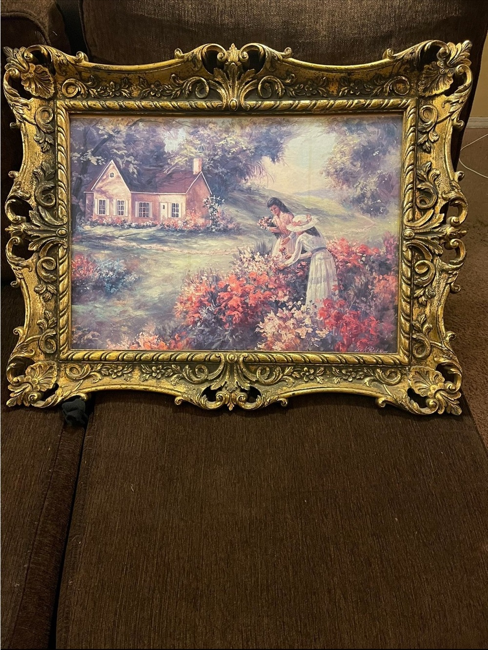 Ornate Gold Framed Floral Cottage Painting